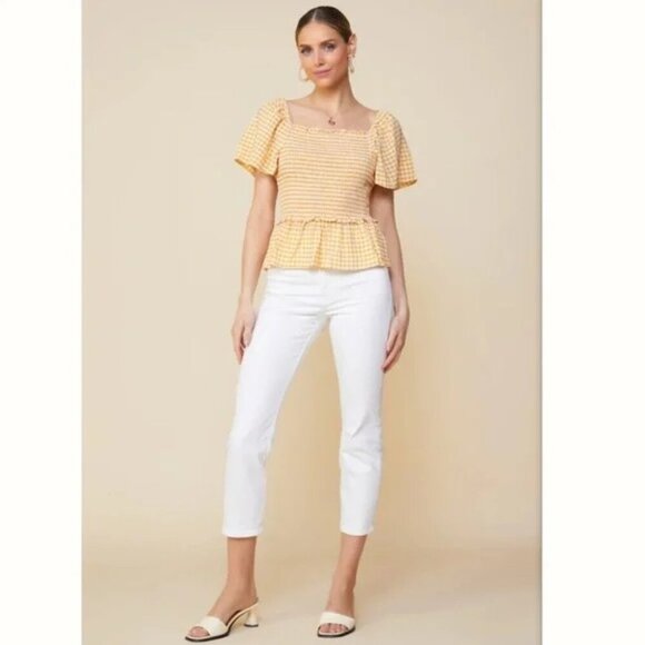 💕SKIES ARE BLUE💕 Checkered Smocked Top Yellow Mustard Gingham Print Large NWT - Picture 4 of 12